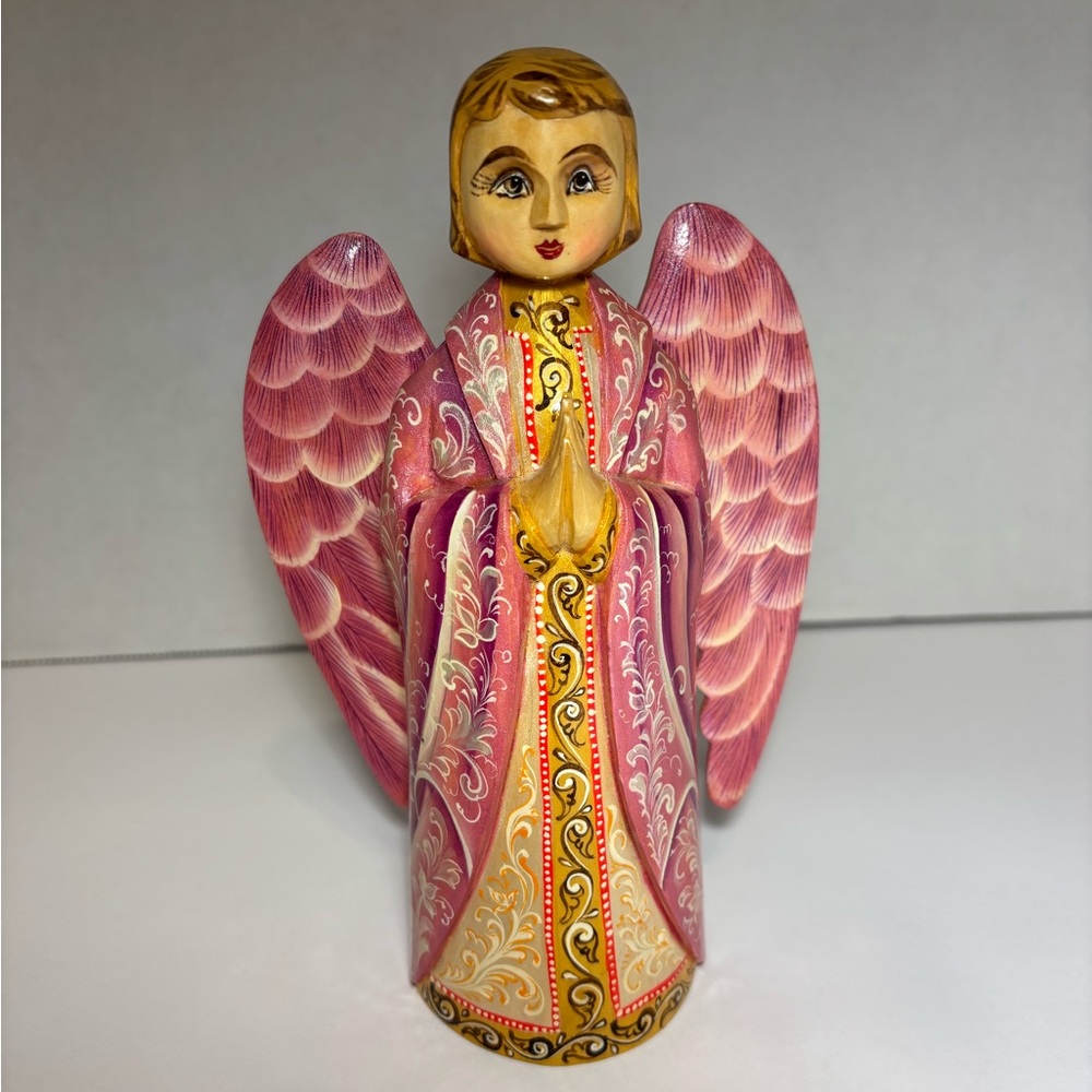 Hand Carved Folk Art Angel Painted Wooden Russian Figurine Removable Wings